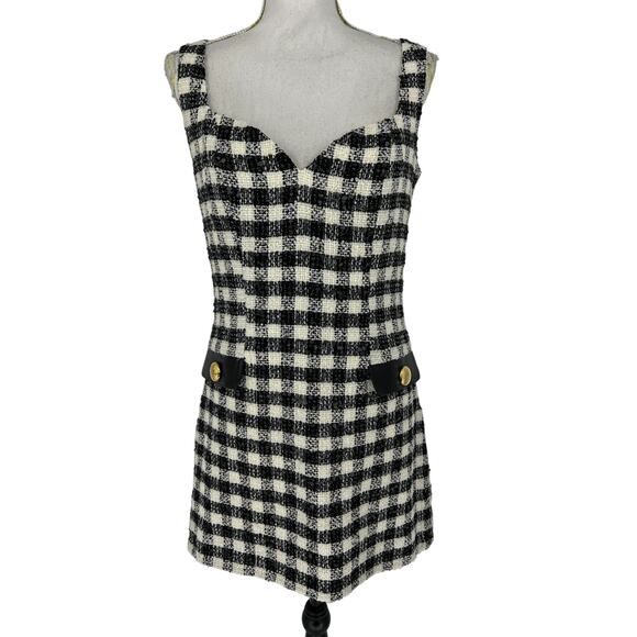 Rowen Rose Houndstooth Tweed Faux Leather Trimmed Mini Dress in Black - Picture 5 of 13